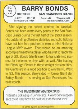 1993 Baseball Card Magazine / Sports Card Magazine #SC72 Barry Bonds Back