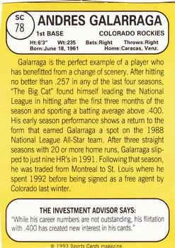 1993 Baseball Card Magazine / Sports Card Magazine #SC78 Andres Galarraga Back