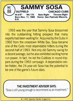 1993 Baseball Card Magazine / Sports Card Magazine #SC88 Sammy Sosa Back