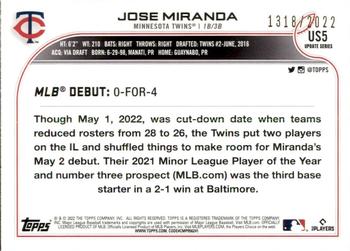 2022 Topps Update - Gold #US5 Jose Miranda Back