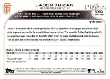2022 Topps Update - Gold #US65 Jason Krizan Back