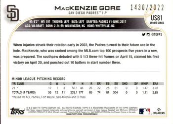 2022 Topps Update - Gold #US81 MacKenzie Gore Back
