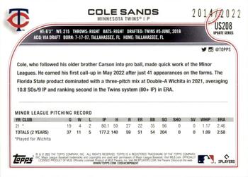 2022 Topps Update - Gold #US208 Cole Sands Back