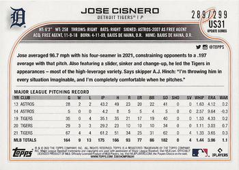 2022 Topps Update - Orange Rainbow Foil #US31 Jose Cisnero Back