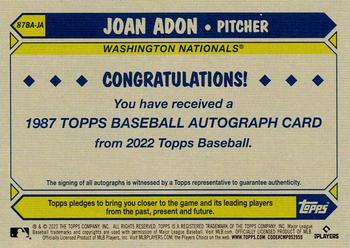 2022 Topps Update - 1987 Topps Baseball 35th Anniversary Autographs #87BA-JA Joan Adon Back