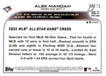 2022 Topps Update - 2022 MLB All-Star Game Gold #ASG-37 Alek Manoah Back