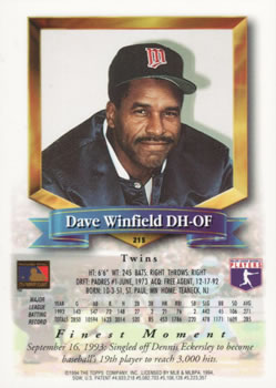 1994 Finest - Refractors #215 Dave Winfield Back