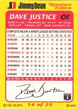 1991 Jimmy Dean Signature Edition #14 Dave Justice Back