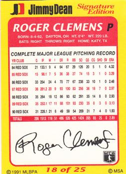 1991 Jimmy Dean Signature Edition #18 Roger Clemens Back