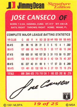 1991 Jimmy Dean Signature Edition #19 Jose Canseco Back