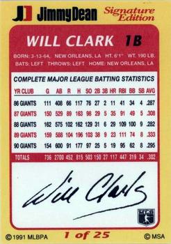 1991 Jimmy Dean Signature Edition #1 Will Clark Back