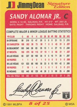 1991 Jimmy Dean Signature Edition #8 Sandy Alomar Jr. Back
