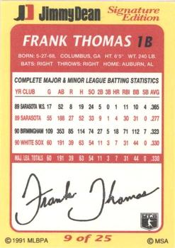 1991 Jimmy Dean Signature Edition #9 Frank Thomas Back