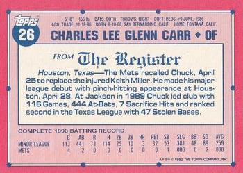 1991 Topps Major League Debut 1990 #26 Chuck Carr Back