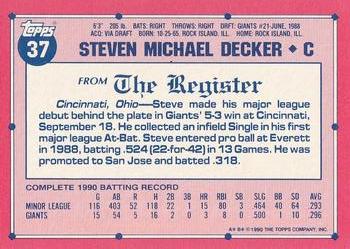 1991 Topps Major League Debut 1990 #37 Steve Decker Back