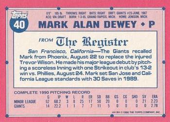 1991 Topps Major League Debut 1990 #40 Mark Dewey Back