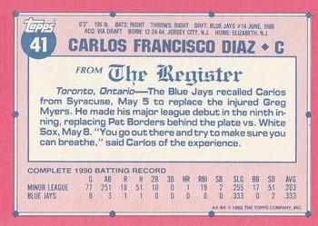 1991 Topps Major League Debut 1990 #41 Carlos Diaz Back