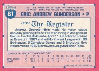 1991 Topps Major League Debut 1990 #61 Eric Gunderson Back