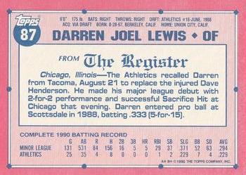 1991 Topps Major League Debut 1990 #87 Darren Lewis Back