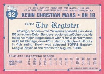 1991 Topps Major League Debut 1990 #92 Kevin Maas Back