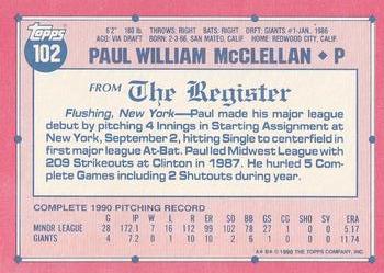 1991 Topps Major League Debut 1990 #102 Paul McClellan Back
