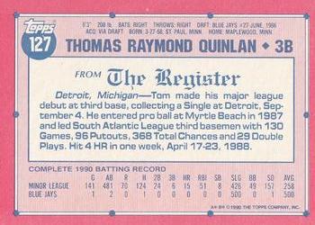 1991 Topps Major League Debut 1990 #127 Tom Quinlan Back