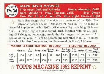 1991 Topps Magazine #TM 34 Mark McGwire Back