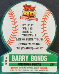 1991 Topps Stand-Ups #4 Barry Bonds Back