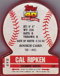1991 Topps Stand-Ups #28 Cal Ripken Jr. Back