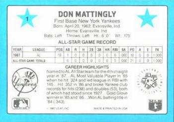 1988 Donruss All-Stars #1 Don Mattingly Back