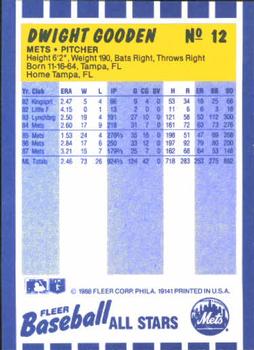 1988 Fleer Baseball All-Stars #12 Dwight Gooden Back