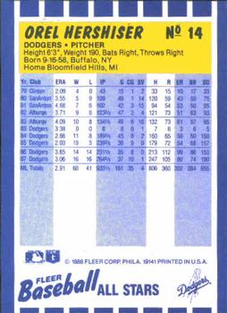 1988 Fleer Baseball All-Stars #14 Orel Hershiser Back
