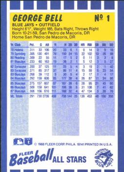 1988 Fleer Baseball All-Stars #1 George Bell Back