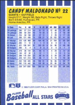 1988 Fleer Baseball All-Stars #22 Candy Maldonado Back