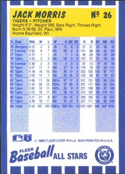 1988 Fleer Baseball All-Stars #26 Jack Morris Back