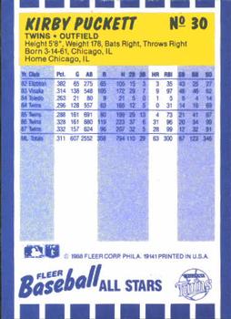 1988 Fleer Baseball All-Stars #30 Kirby Puckett Back