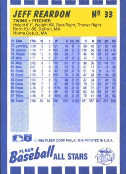 1988 Fleer Baseball All-Stars #33 Jeff Reardon Back