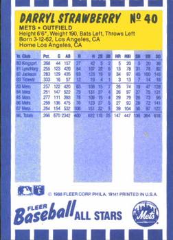 1988 Fleer Baseball All-Stars #40 Darryl Strawberry Back
