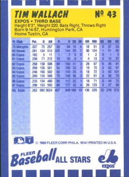1988 Fleer Baseball All-Stars #43 Tim Wallach Back