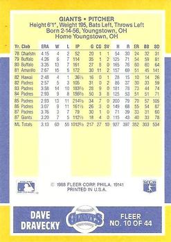 1988 Fleer Baseball MVPs #10 Dave Dravecky Back