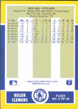 1988 Fleer Baseball MVPs #6 Roger Clemens Back