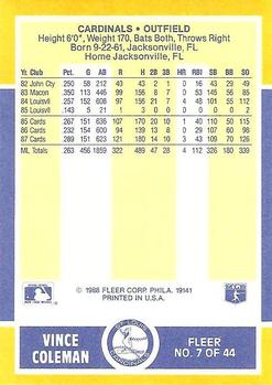 1988 Fleer Baseball MVPs #7 Vince Coleman Back