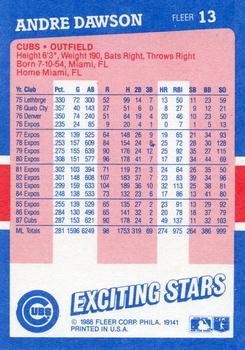 1988 Fleer Baseball's Exciting Stars #13 Andre Dawson Back