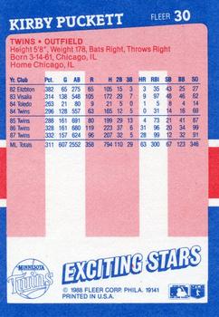 1988 Fleer Baseball's Exciting Stars #30 Kirby Puckett Back