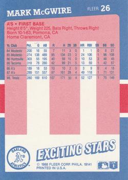 1988 Fleer Baseball's Exciting Stars #26 Mark McGwire Back