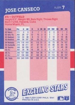 1988 Fleer Baseball's Exciting Stars #7 Jose Canseco Back
