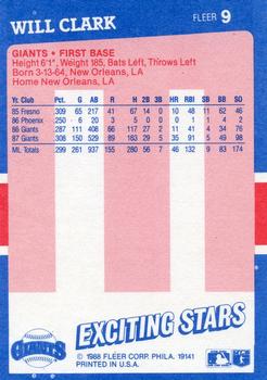 1988 Fleer Baseball's Exciting Stars #9 Will Clark Back
