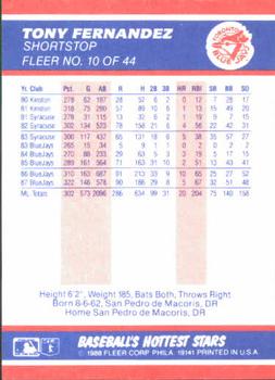 1988 Fleer Baseball's Hottest Stars #10 Tony Fernandez Back