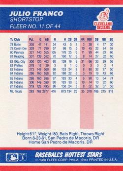 1988 Fleer Baseball's Hottest Stars #11 Julio Franco Back