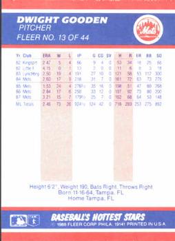 1988 Fleer Baseball's Hottest Stars #13 Dwight Gooden Back